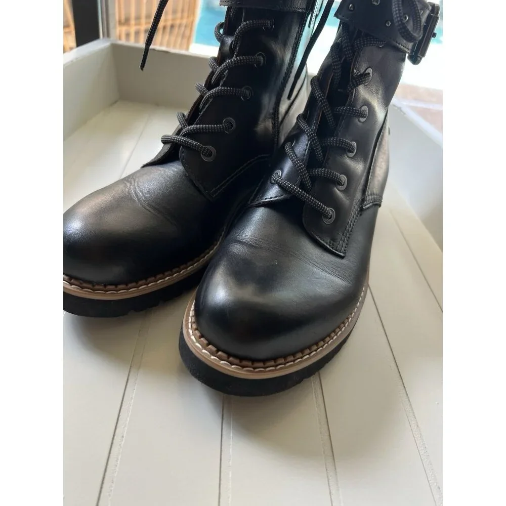 Pikolinos Black Leather Combat Boots Womens US 6 EU 37 Lace Up Side Zip - Picture 11 of 14